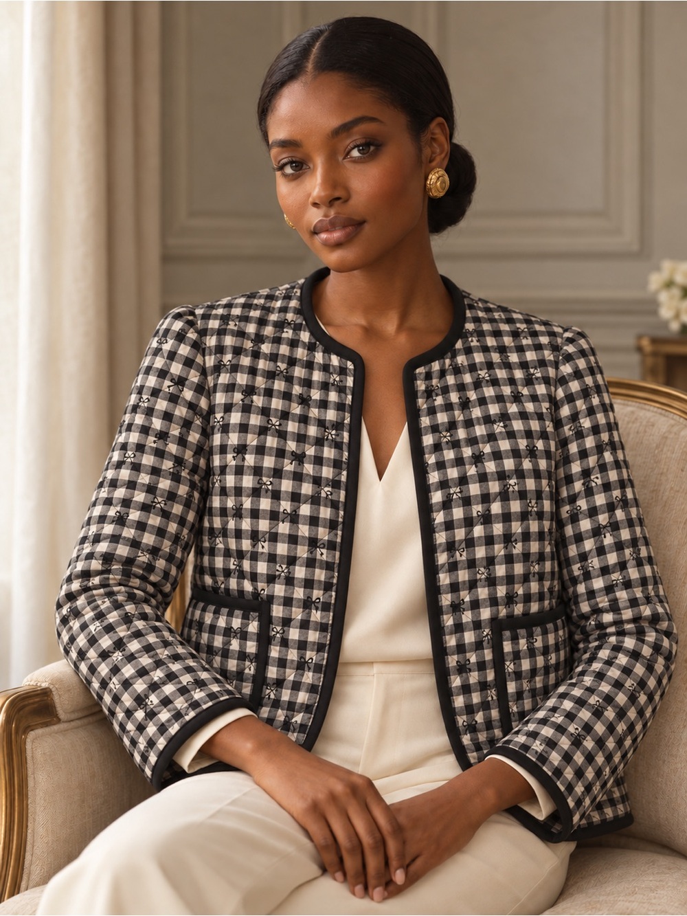 House of Harlow 1960 Quilted Gingham Bow Jacket Size M